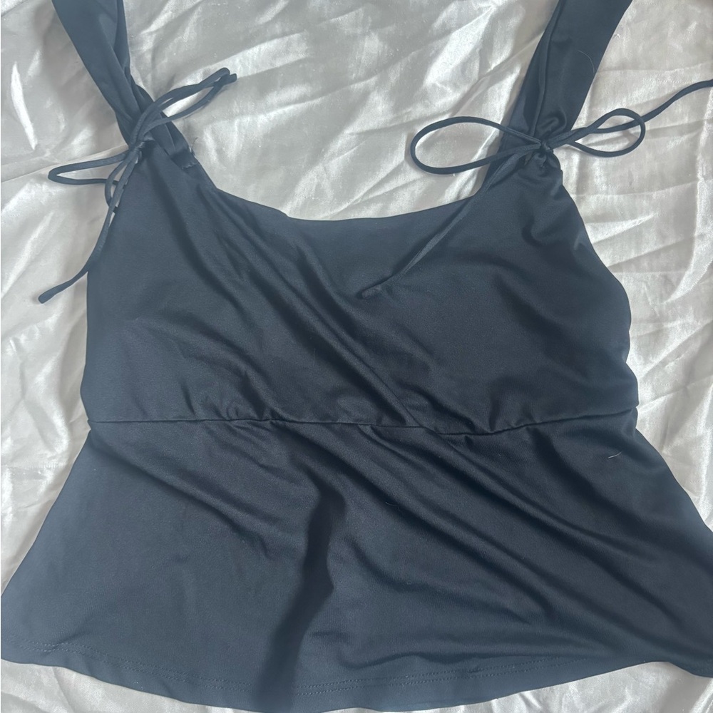 Black Fitted Tank Top with Tie Front and Ruching Detail